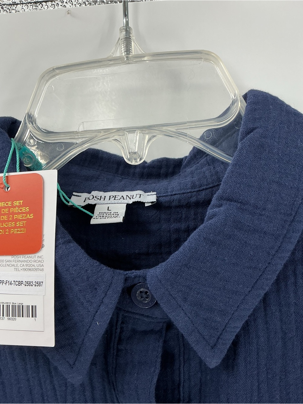 Posh Peanut 2 Piece Gauze Set L Navy Blue Button Up Shirt Shorts Lounge NWT - Picture 5 of 9